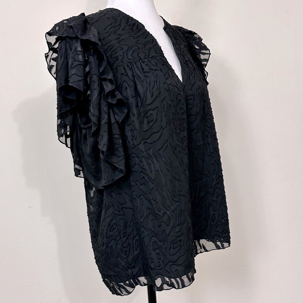 NWOT Anna Cate Black w Lace Overlay Ruffle Sleeves V-Neck Collar Pullover Top M - Picture 10 of 14